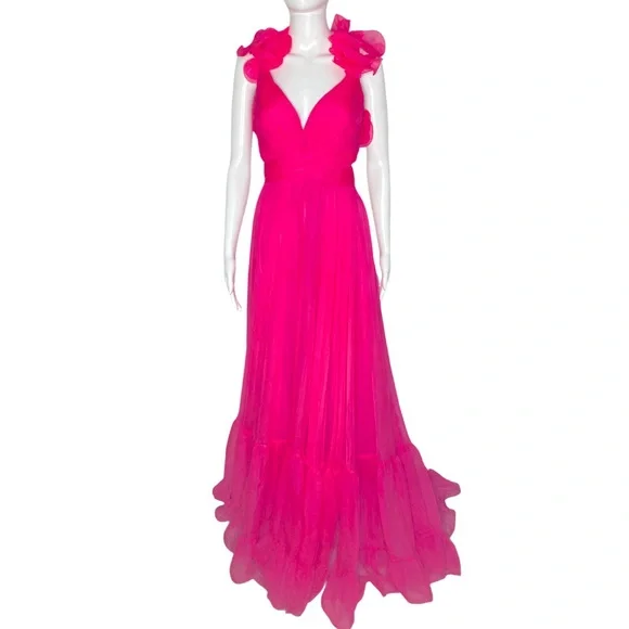 NWT Mac Duggal 67911 Hot Pink Ruffle Tied Cut-Out Chiffon Gown - Sz 10 - Picture 3 of 10